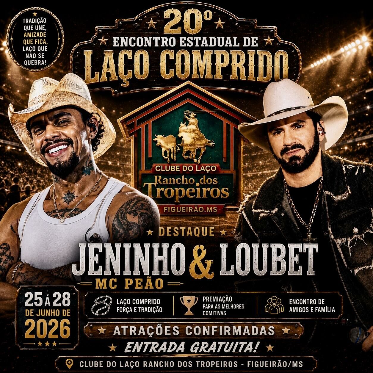 Imagem de compartilhamento para o artigo 20º Encontro Estadual de Laço Comprido de Figueirão terá shows Loubet, Jeninho MC Peão , e premiação de mais de R$60 mil da MS Todo dia